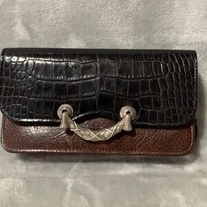 Brighton Two Tone Leather Wallet Black Croc Brown Silver Braid Handle Zip Around